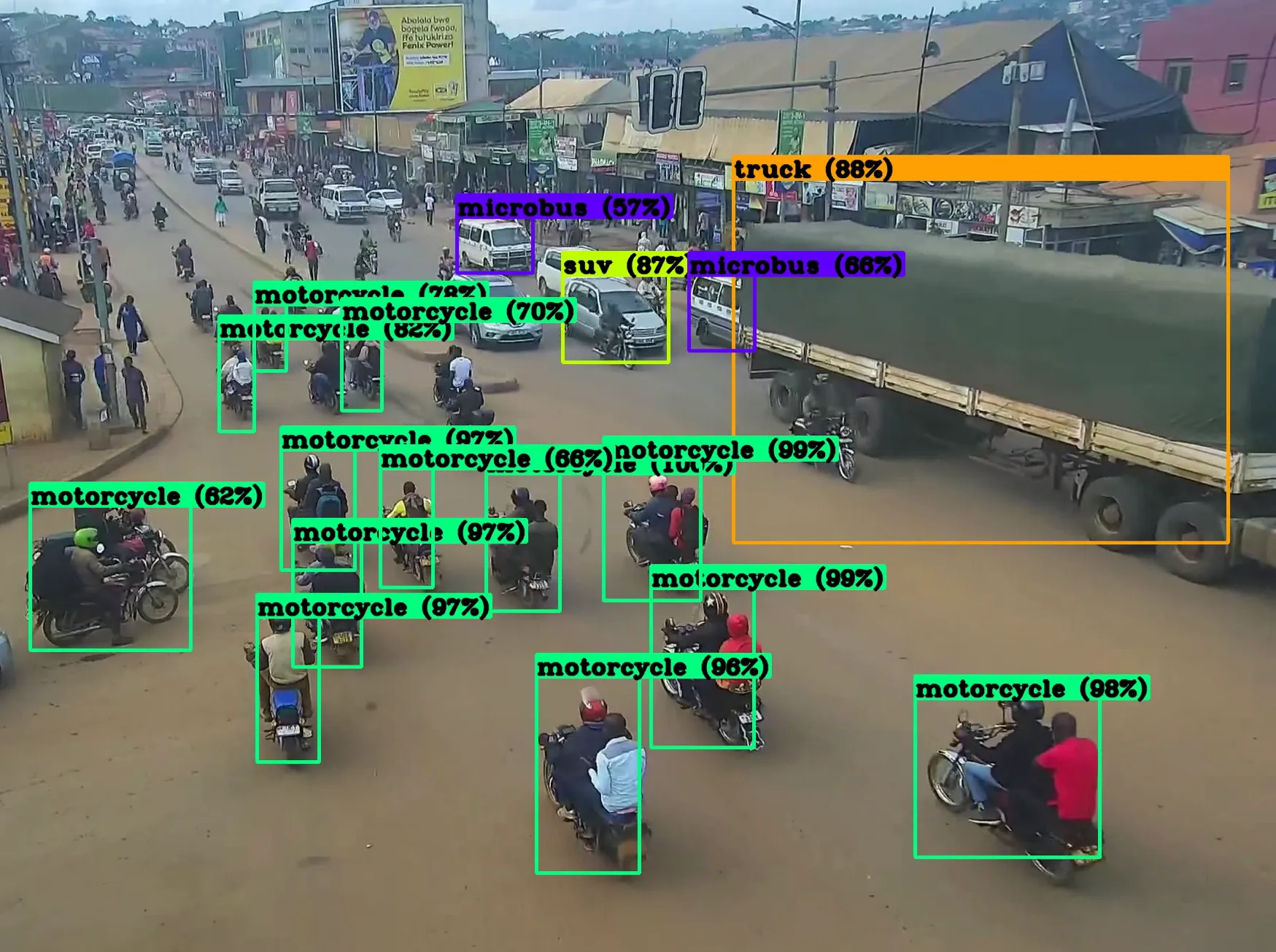 Custom trained YOLOv3 model detecting microbuses, motorcycles, and trucks